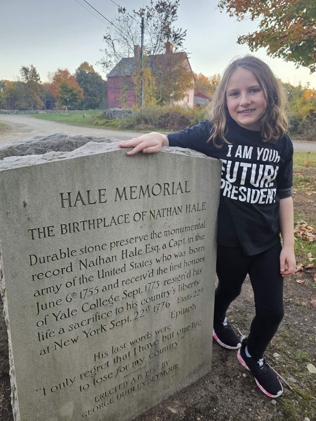 Adeline beside the Hale Memorial stone